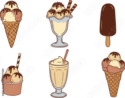 Ice cream desserts set, cone, cup, sundae, popsicle, milkshake, sweet treats, summer food collection, delicious frozen dessert vector illustration for design