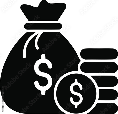 Iconic black silhouette of a money bag filled with cash and coins representing wealth and financial success.