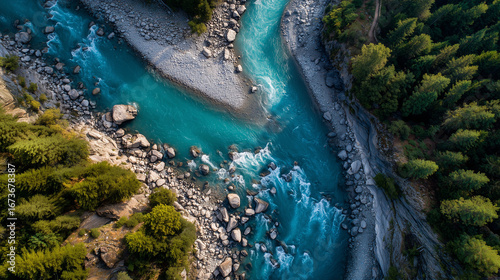 An epic aerial shot of two distinct rivers merging into one, symbolizing synergy and combined strength.