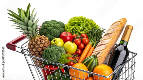 Close up of supermarket cart with fresh fruits vegetables bread wine and groceries on white background
