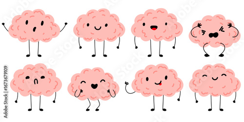 Cartoon cute brain character set. Depression, antidepressants, serotonin, burnout, dementia. Brain character with emotions. Internal human organs. Vector illustration isolated on white background.