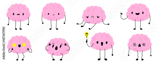 Sad tired burnout depression brain cartoon character. Brain with low charge, depression, burnout, lack energy and power with high energy. Stock vector illustration isolated on white background.