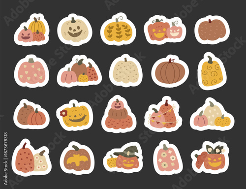 Pumpkin halloween vegetable set in scandinavian style with seasonal decorations and festive gourds perfect for your illustration, autumn celebration holiday event food designs projects
