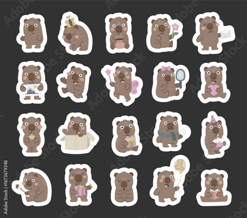 Wombat character set in scandinavian style featuring adorable animals smiling and holding various objects, celebrating occasions, enjoying food, reading perfect for design projects