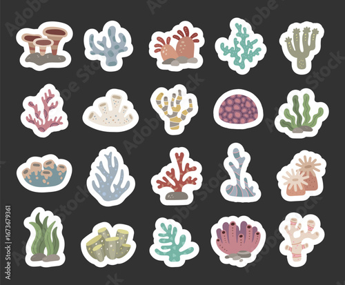 Coral reef set in scandinavian style showing featuring a variety of underwater forms and tropical sea animals is perfect for your illustrations and creative design projects.