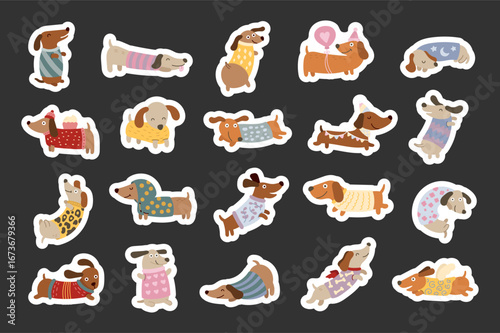 Dachshund dog character set in scandinavian style with showing many funny emotions while different poses perfect for your illustration and creative designs projects