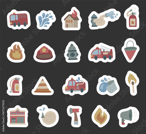 Fire station set in scandinavian style featuring truck, hydrant, extinguisher, helmet, bucket, cone, axe, megaphone, building, flame, match hose and emergency equipment