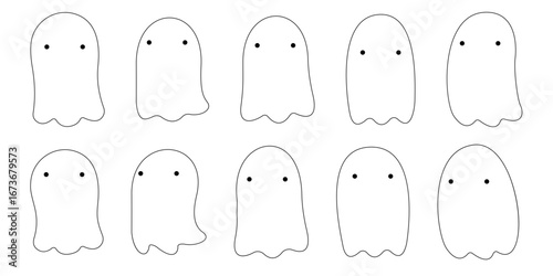 Simple ghost set. Halloween little ghost in cute kawaii style. Doodle funny smiling samhain ghosts set, spirit and sweets on white background. Trick or treat stock cartoon image isolated on white.