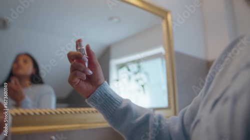 Close Up of Latina Woman's Hands Applying Perfume During Beauty Routine