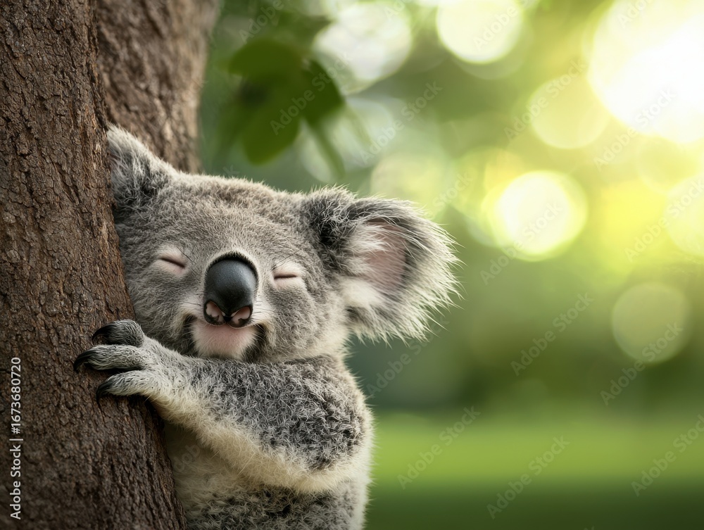 Fototapeta premium A cute koala hugs a tree, eyes closed, basking in a serene, sunlit environment, embodying tranquility and comfort in nature.