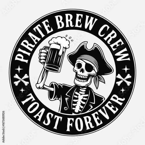 Pirate Skeleton with Beer Mug Badge Illustration