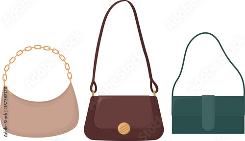Set with three elegant women's shoulder bags isolated on white. Fashion illustration of accessories