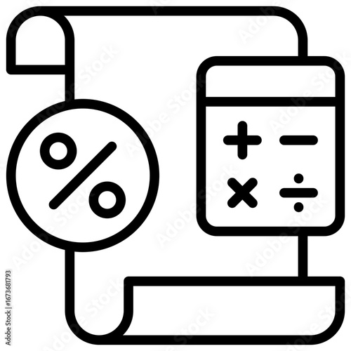 Tax Calculation Outline Icon Design Vector - Scroll paper with calculator and percentage, symbolizing tax calculation and accounting