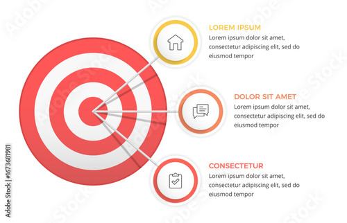 Business infographic template with red target connected to three information boxes with icons in circles