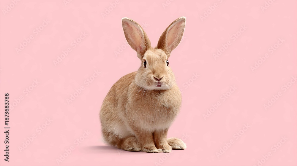 Fototapeta premium A cute, fluffy light brown rabbit with large ears, sitting gracefully against a soft pink background.