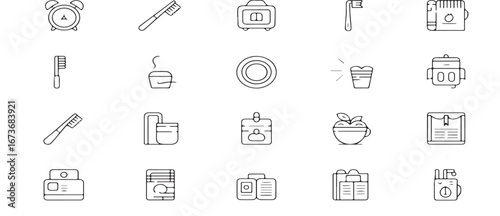 : daily life icons, clock, toothbrush, cup, folder, office supplies, home essentials, desk items, household items, daily routine, personal care, school supplies, office organization vector illustratio