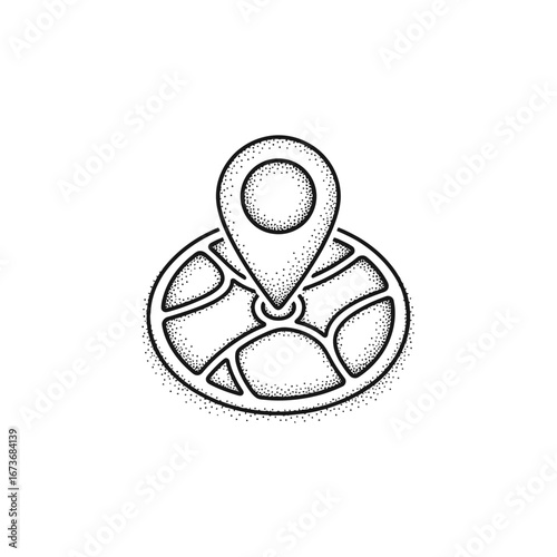 Detailed Map Icon with Location Pin and Stippled Texture