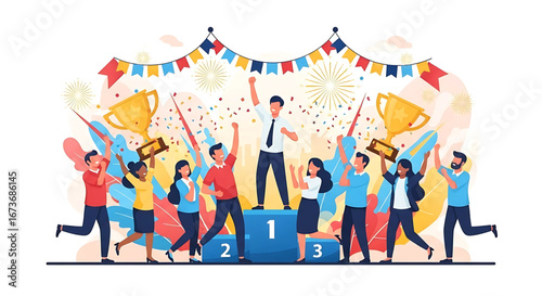 Triumph Celebration: A team rejoices in victory and achievement under a festive garland and celebratory confetti showers a scene of collaborative