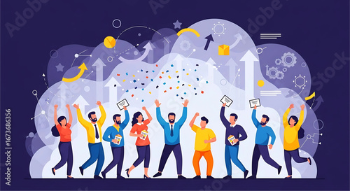 Illustrated depiction of business team success celebration with rising graph, confetti, and joyful people illustrating collaborative achievements