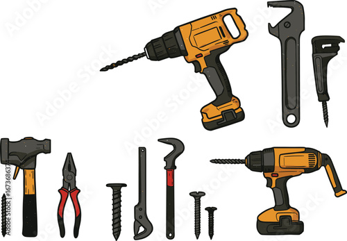 Hand tools and power drill illustration with hammer, pliers, wrench, screws, construction equipment, repair toolkit, DIY hardware, mechanic instruments, workshop design vector artwork