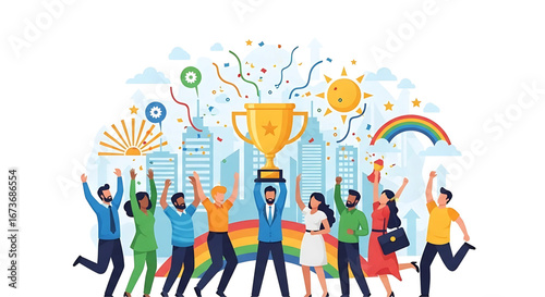 Celebrating Success: A Team Achieves Victory with Trophy and Enthusiasm amid an Urban Landscape, signifying Achievement and Collaboration