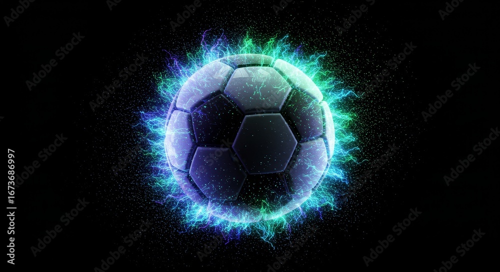 Naklejka premium Futuristic soccer ball radiating electric energy on a dark isolated background