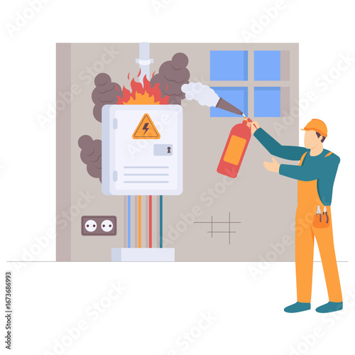 Electrician Controlling Electrical Fire with Extinguisher concept, firefighter in action vector design, Electric Profession banner, Low High Voltage Power Supply scene, Handyman repairman illustration