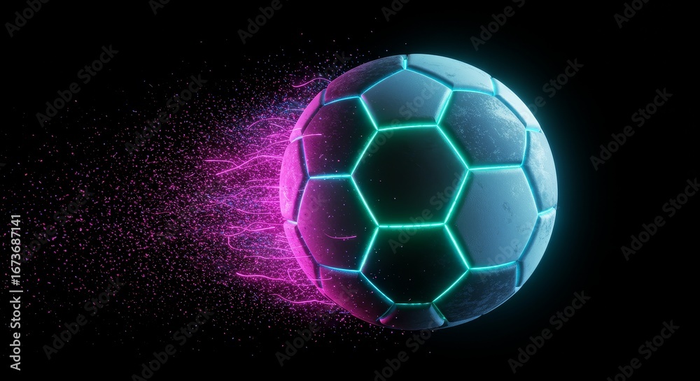 Naklejka premium Dynamic Soccer Ball with Neon Accents and Particle Trails on Dark Backdrop