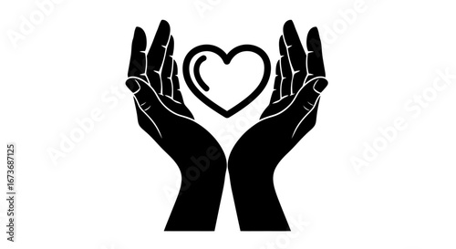 Black Hands Cupping White Heart Outline Symbolizing Love and Care.