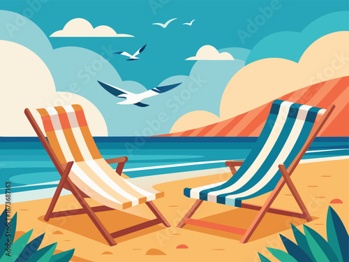 Hello Summer Beach Illustration with Deck Chairs