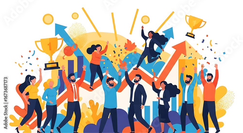 Triumphant team celebrating corporate achievements, reaching goals and demonstrating business success with awards and upward growth trajectory