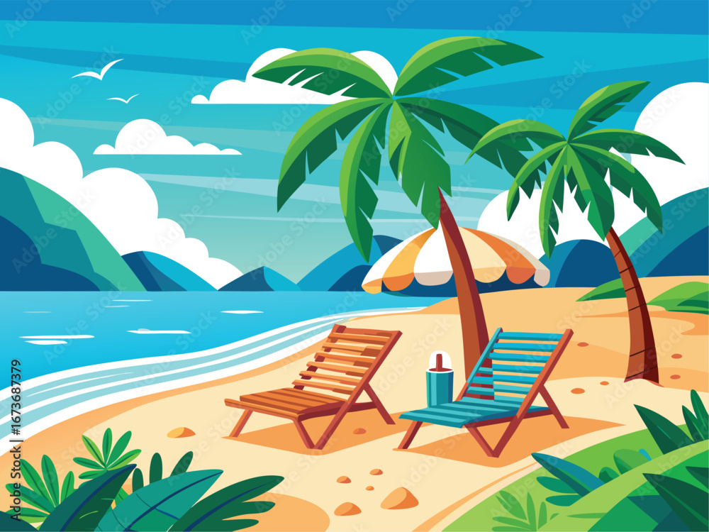 Obraz premium Hello Summer Text with Beach Chairs and Blue Sea