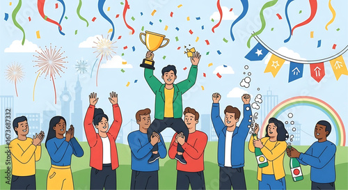 Team Victory: Celebratory Illustration of Achievement and Collaboration in a Modern Urban Setting with Jubilant Individuals Sharing a Triumphant
