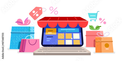Online shopping laptop. Digital store, e-commerce concept. Internet retail, web shop marketing