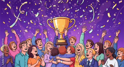 Jubilant team celebrate victory with golden trophy under a shower of confetti and streamers amidst an atmosphere filled with happiness and shared