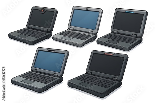 Collection of five stylized sci-fi laptops with a rugged, futuristic design on a white background.
