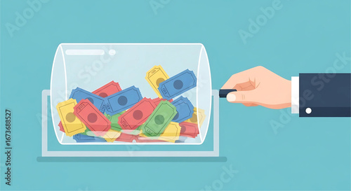 A Business Hand Activating a Raffle Drum Filled with Colorful Tickets on a Tranquil Blue Backdrop Showcasing the Anticipation of Chance and Fortune