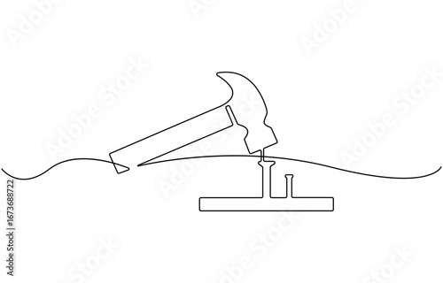 One continuous line drawing of an claw hammer.