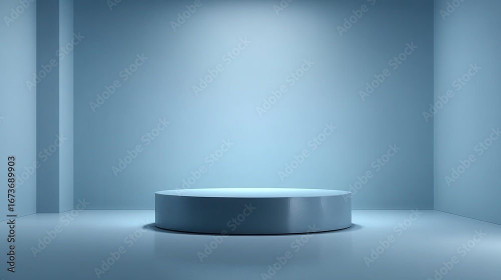 Fototapeta premium Beautiful photo of minimalist, premium 3D podium centered in the frame, smooth circular design with soft matte and glossy surfaces, elegant light blue and deep blue color.