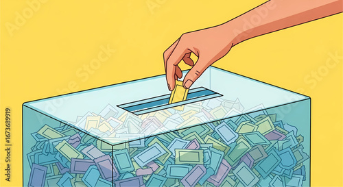Participation in a Raffle or Contest: Hand Depositing a Ticket into a Transparent Box Filled with Various Entries, Set Against a Vibrant Yellow