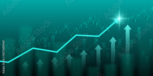 technology financial graph with uptrend line arrow and bar chart of stock market on blue color background