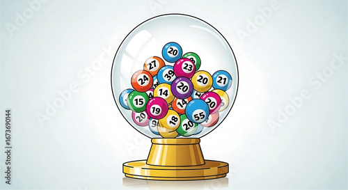 Conceptual illustration showing a lottery machine with colorful bingo balls with random numbers inside 