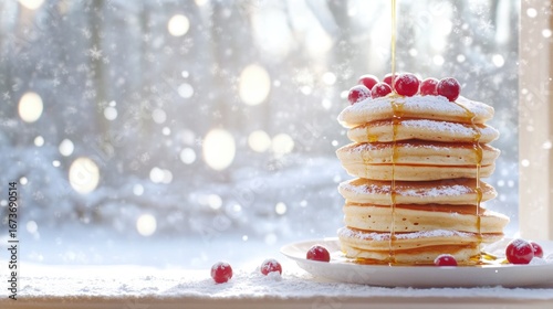 Delicious pancakes with honey and berries on a winter morning