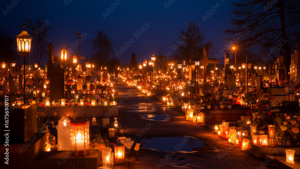 Naklejka premium All Saints' Day Cemetery Illuminated by Candlelight and Flowers at Night