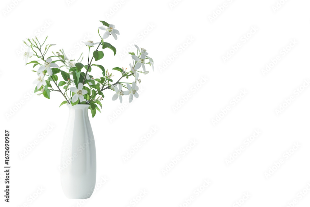 Obraz premium Delicate white flowers in a modern ceramic vase against a simple white backdrop, creating a serene and minimalist atmosphere isolated on transparent background