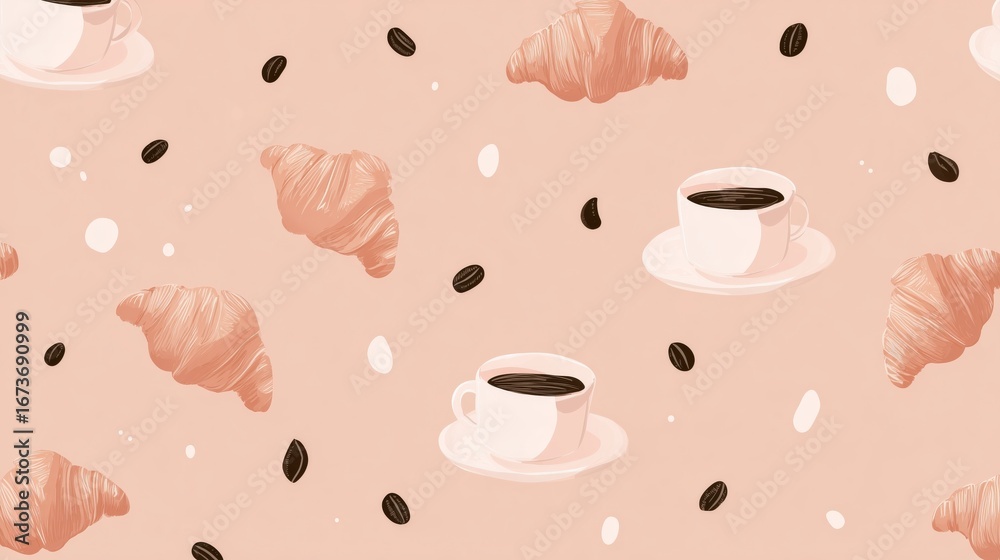 Obraz premium A seamless pattern of croissant and hot coffee cups in a pastel-colored background. minimalist