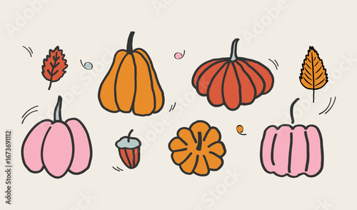 Set with different pumpkins, autumn leaves, acorn on isolated background. Vector illustrations of fall cartoon objects, vegetables, harvest, plants. Design for Thanksgiving Day, autumnal season, event