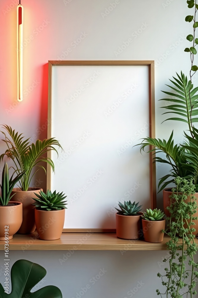 Fototapeta premium Minimalist indoor plants and empty frame succulents