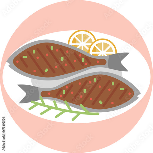 Illustration of a cooked fish on a plate, representing grilled seafood.