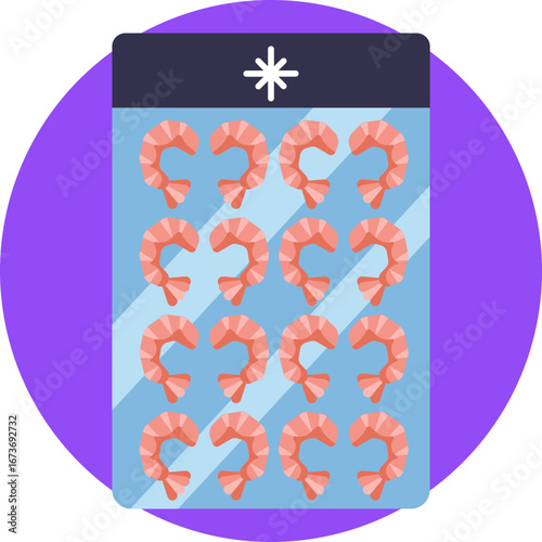 Symbol of packaged frozen shrimps for cooking or sale.